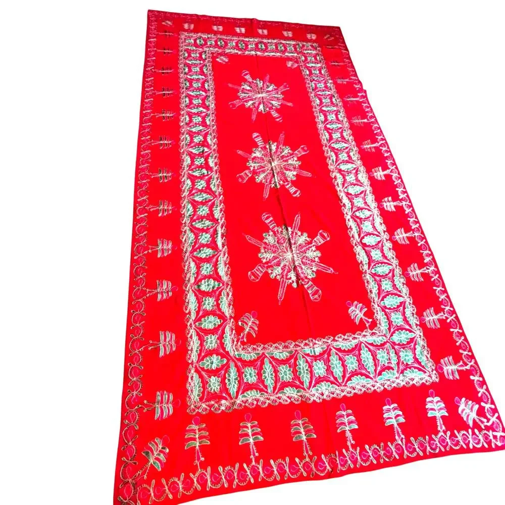 Vintage 1980's Christmas buffet tablecloth red with green & gold embroidery